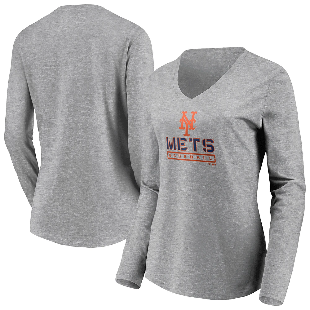 Women's Gray New York Mets Evanston Stencil Long Sleeve V-Neck T-Shirt