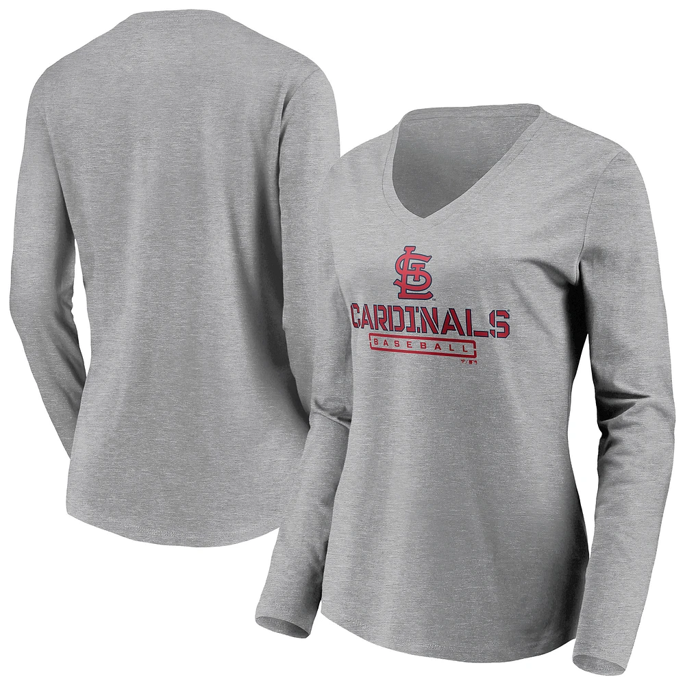 Women's Gray St. Louis Cardinals Evanston Stencil Long Sleeve V-Neck T-Shirt