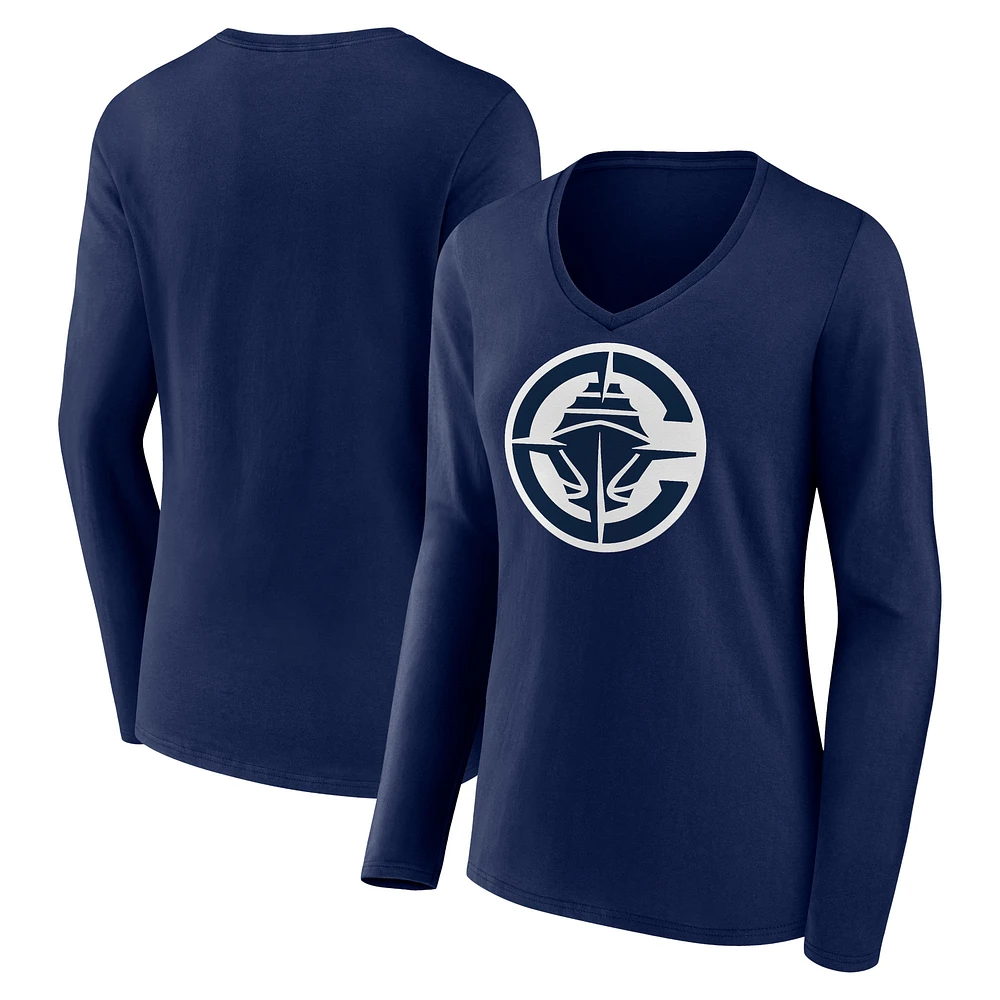 Women's Navy LA Clippers Primary Logo Long Sleeve V-Neck T-Shirt