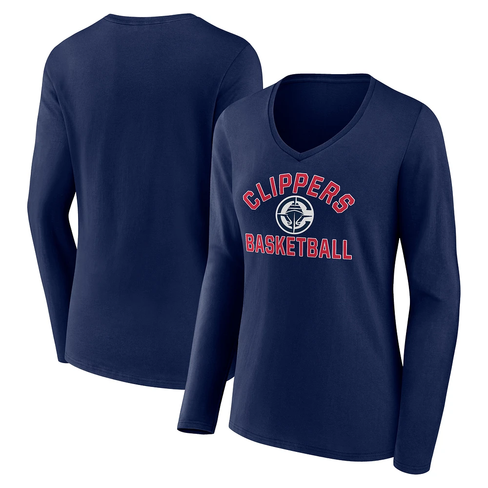 Women's Navy LA Clippers Overtime Long Sleeve V-Neck T-Shirt