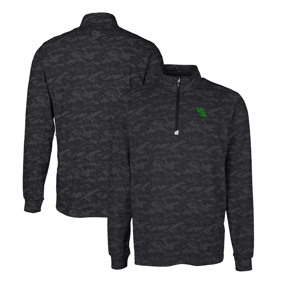 Men's Cutter & Buck Black North Texas Mean Green Traverse Stretch Camo Print Eco Quarter-Zip Pullover Top