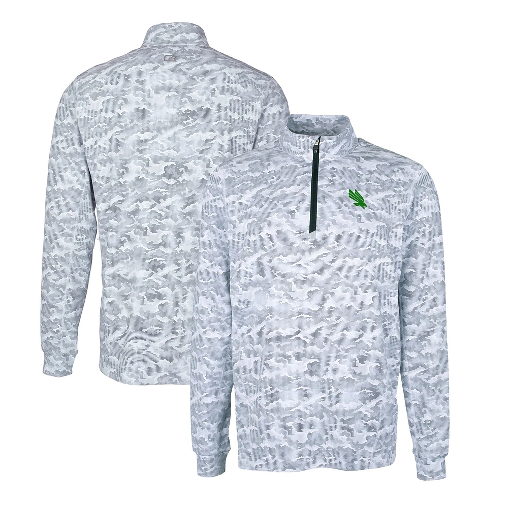 Men's Cutter & Buck Charcoal North Texas Mean Green Traverse Stretch Camo Print Eco Quarter-Zip Pullover Top