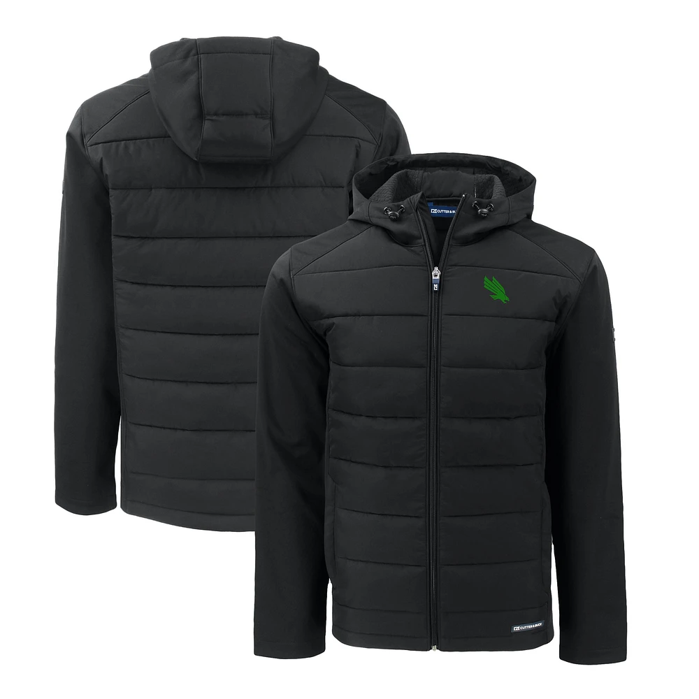 Men's Cutter & Buck Black North Texas Mean Green Evoke Hybrid Eco Softshell Recycled Full-Zip Hoodie Jacket