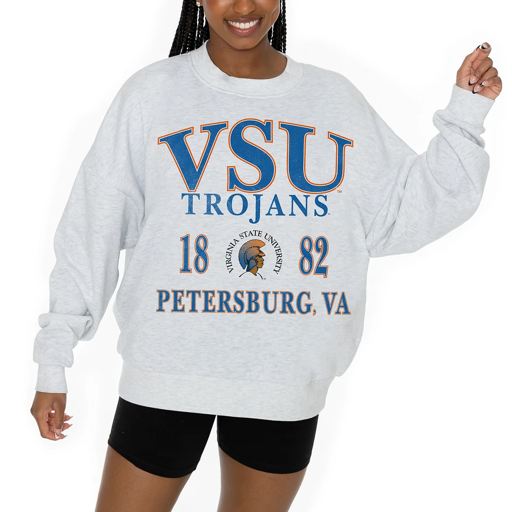 Women's Gameday Couture Ash Virginia State Trojans Premium Fleece Pullover Sweatshirt