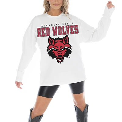 Women's Gameday Couture White Arkansas State Red Wolves Big Goals Oversized Long Sleeve T-Shirt