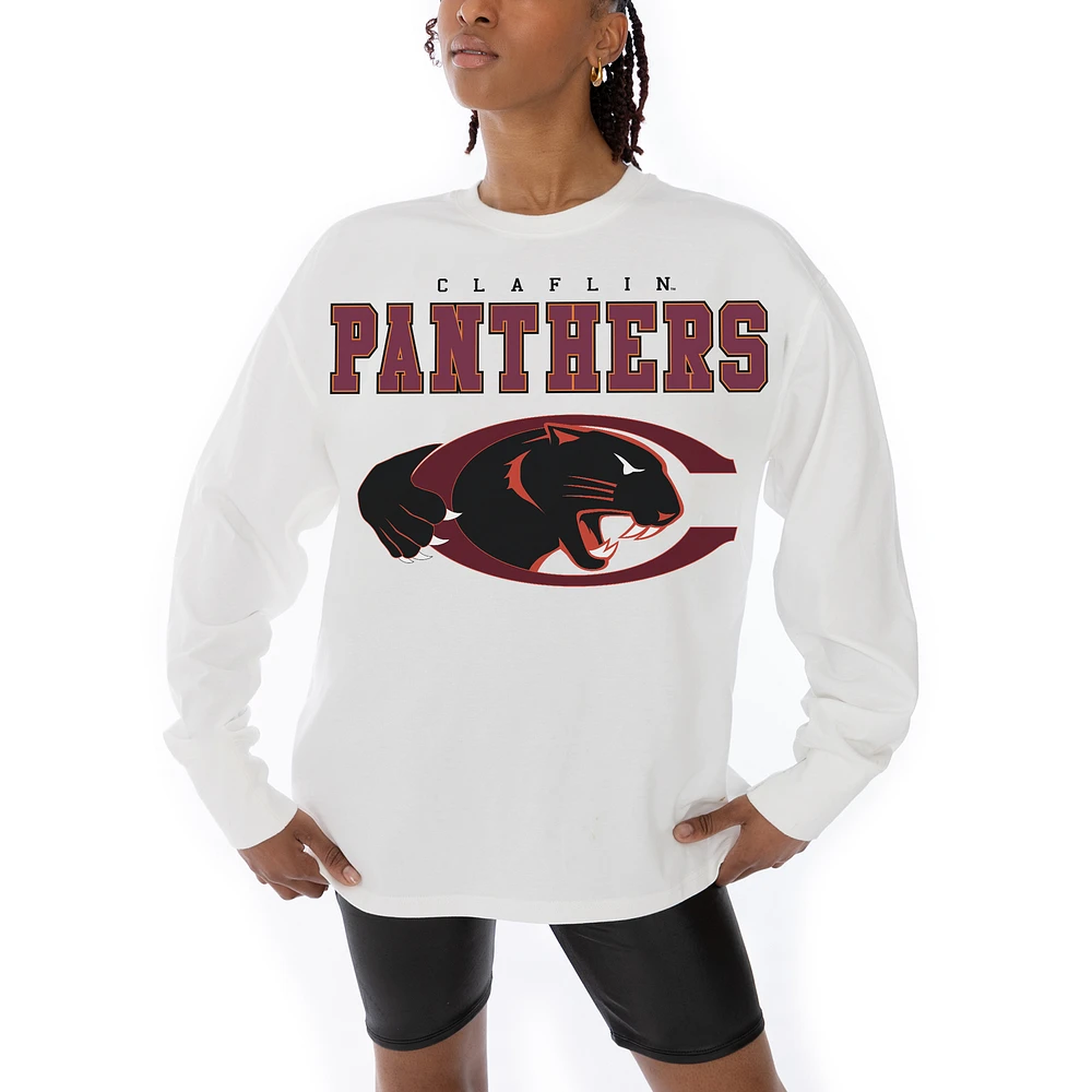 Women's Gameday Couture White Claflin Panthers Big Goals Oversized Long Sleeve T-Shirt