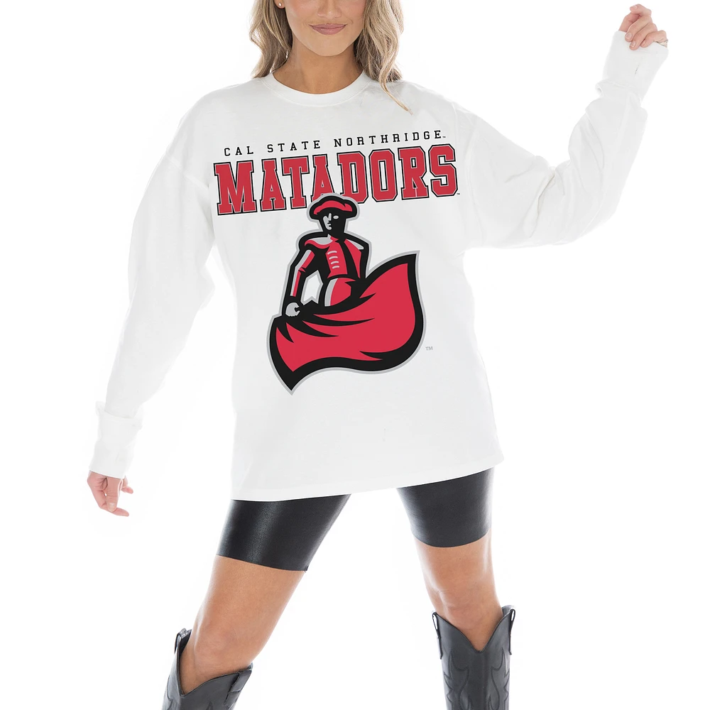 Women's Gameday Couture White Cal State Northridge Matadors Big Goals Oversized Long Sleeve T-Shirt