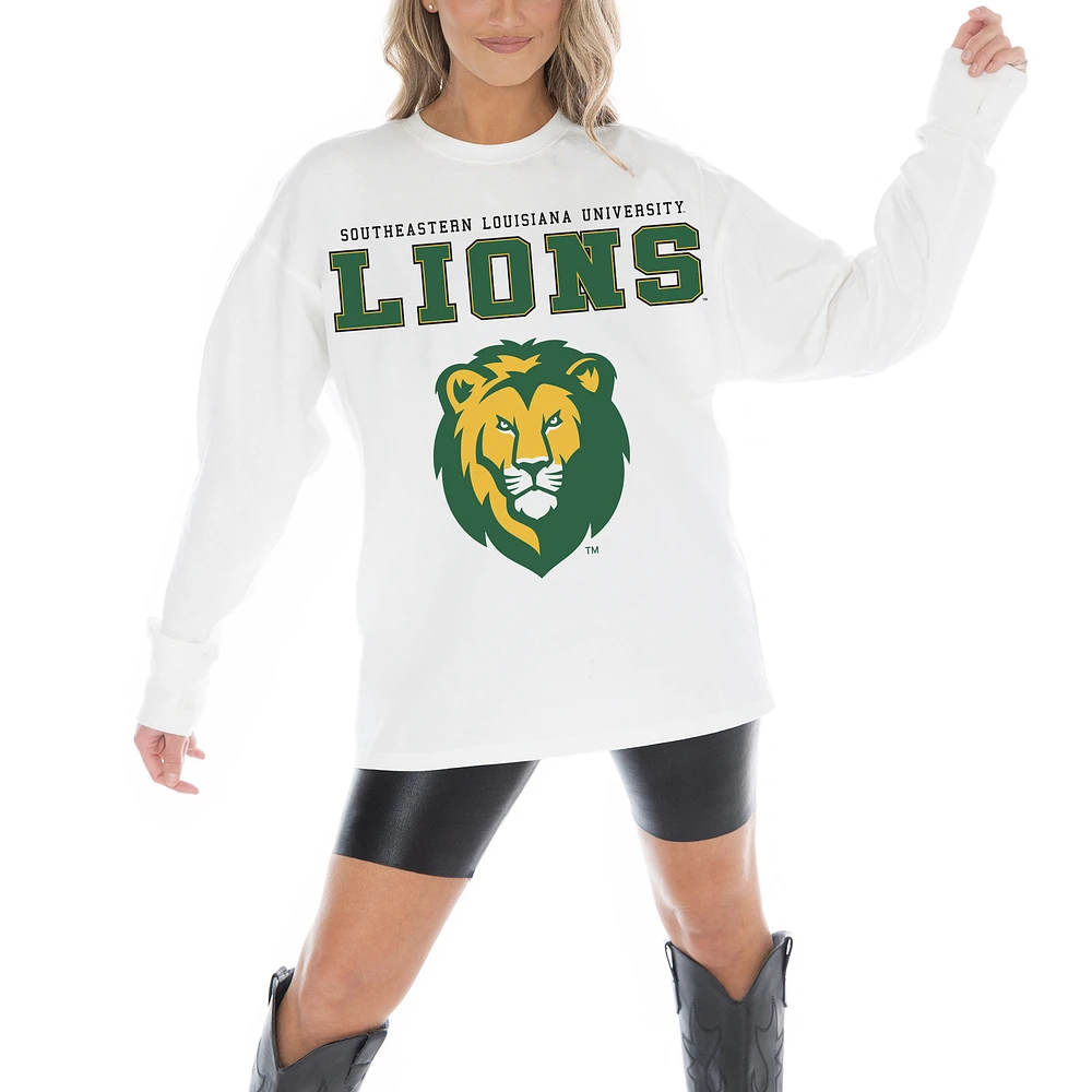 Women's Gameday Couture White Southeastern Louisiana Lions Big Goals Oversized Long Sleeve T-Shirt