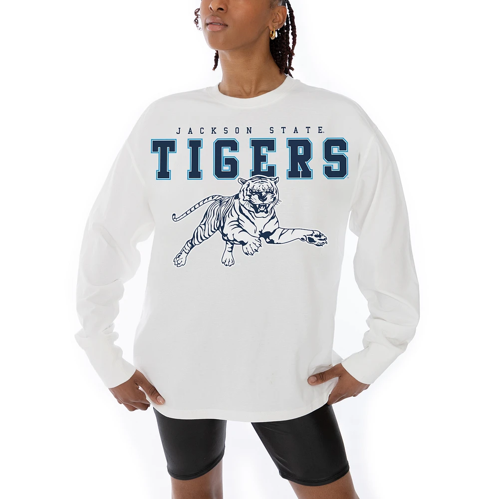 Women's Gameday Couture White Jackson State Tigers Big Goals Oversized Long Sleeve T-Shirt