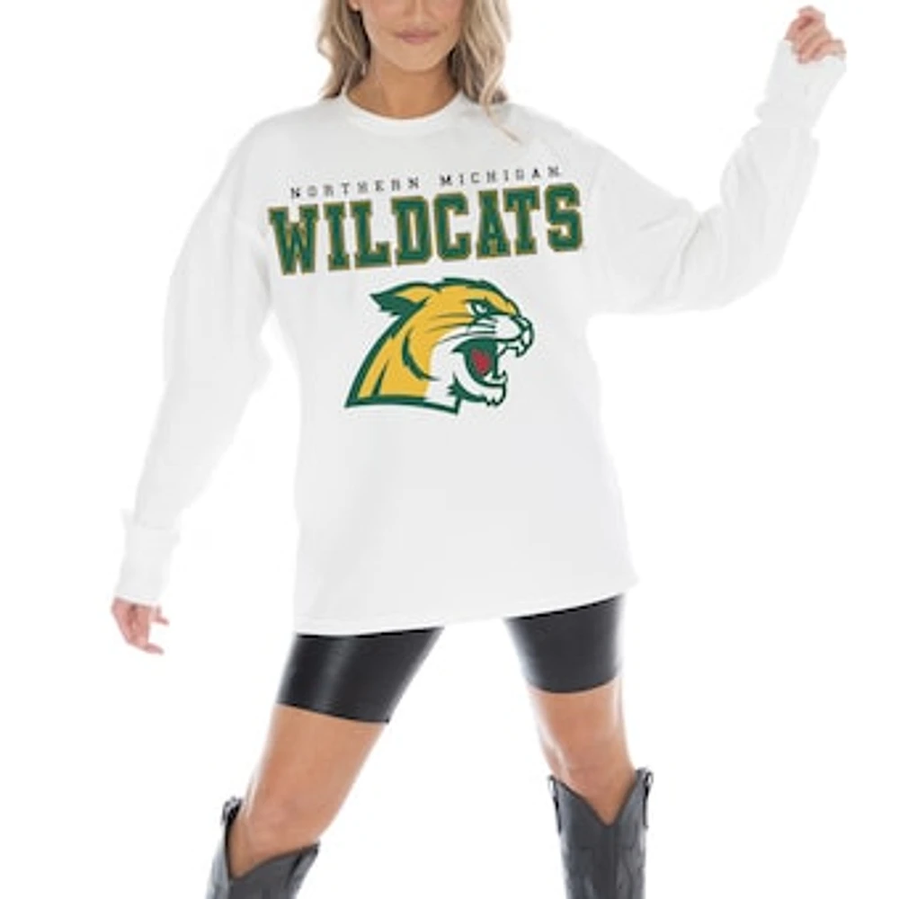 Women's Gameday Couture White Northern Michigan Wildcats Big Goals Oversized Long Sleeve T-Shirt