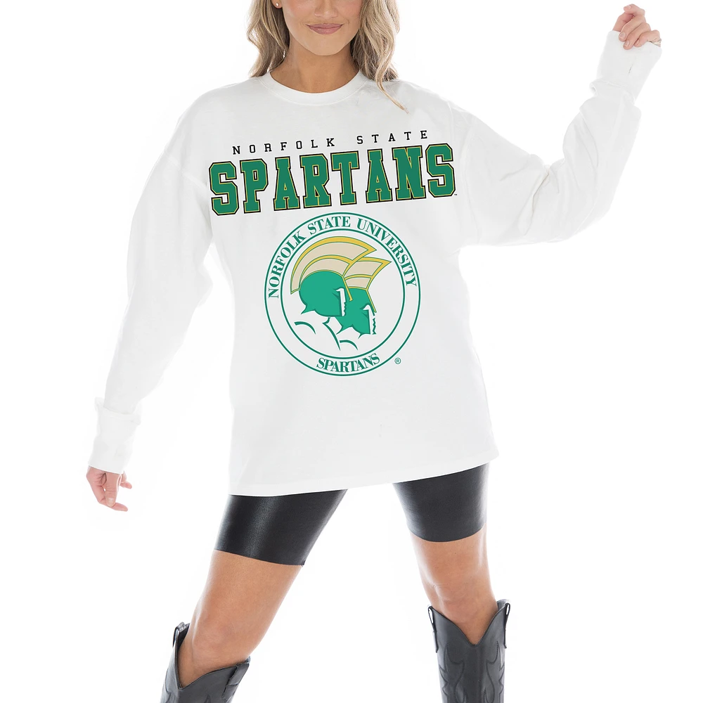 Women's Gameday Couture White Norfolk State Spartans Big Goals Oversized Long Sleeve T-Shirt