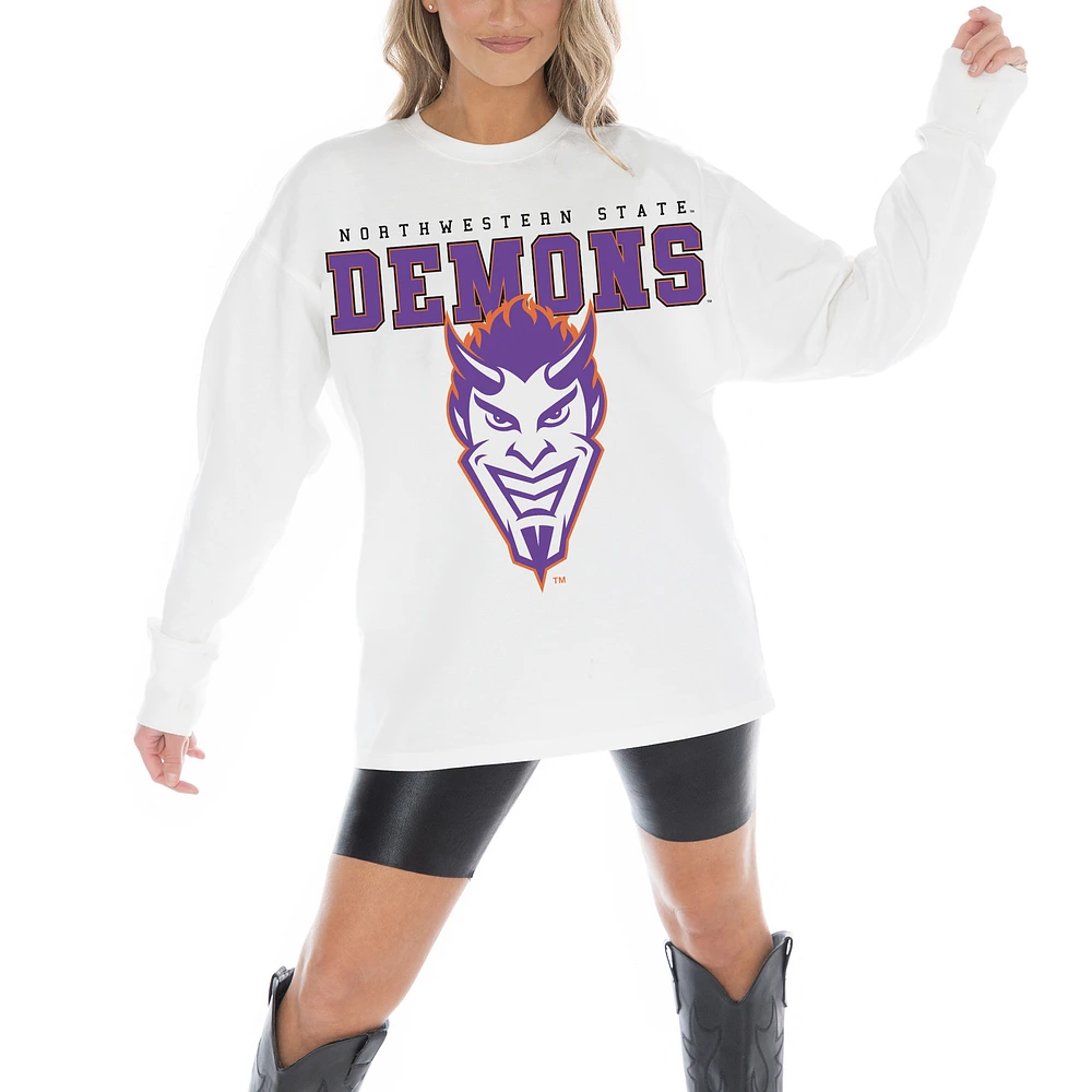 Women's Gameday Couture White Northwestern State Demons Big Goals Oversized Long Sleeve T-Shirt