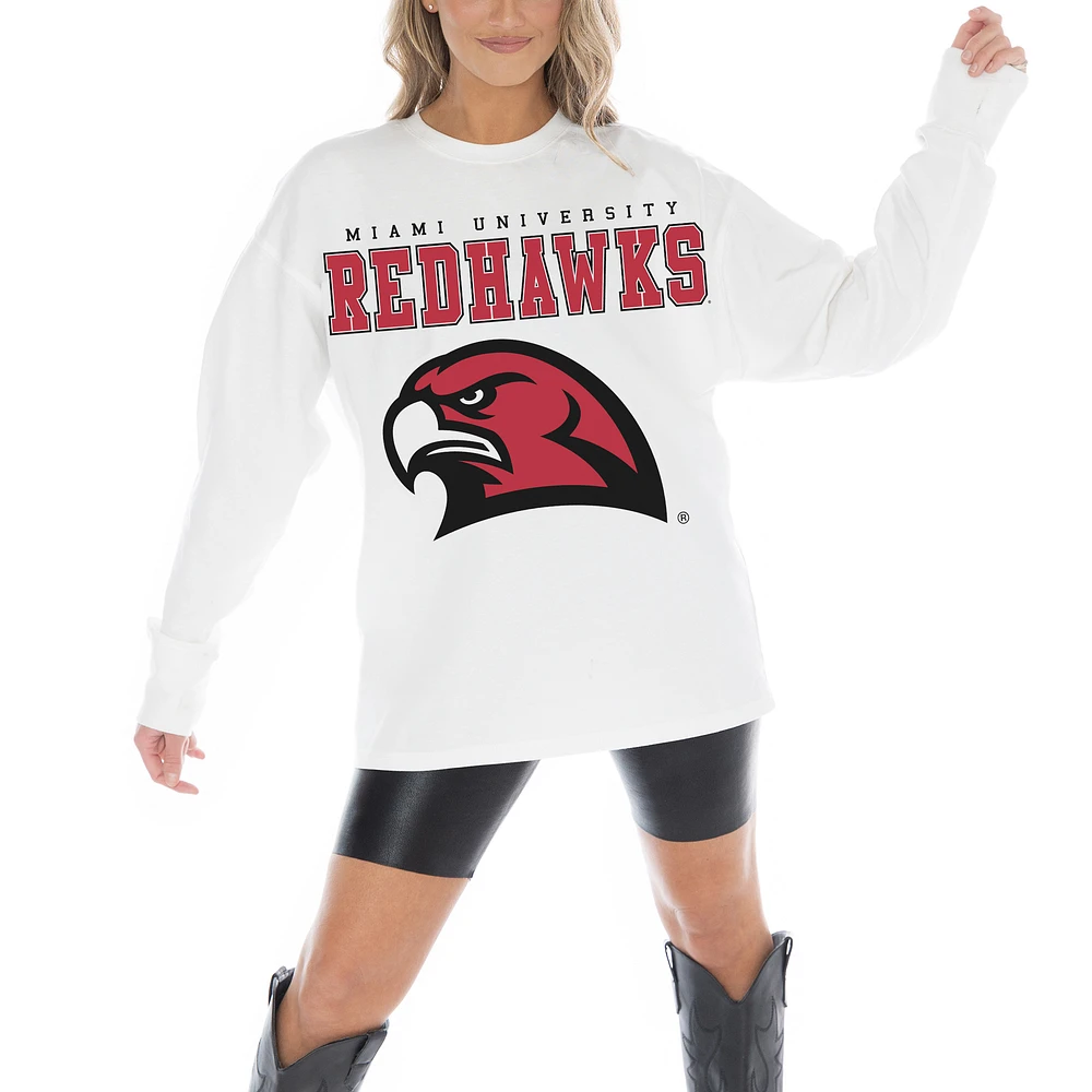 Women's Gameday Couture White Miami University RedHawks Big Goals Oversized Long Sleeve T-Shirt