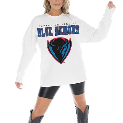 Women's Gameday Couture White DePaul Blue Demons Big Goals Oversized Long Sleeve T-Shirt