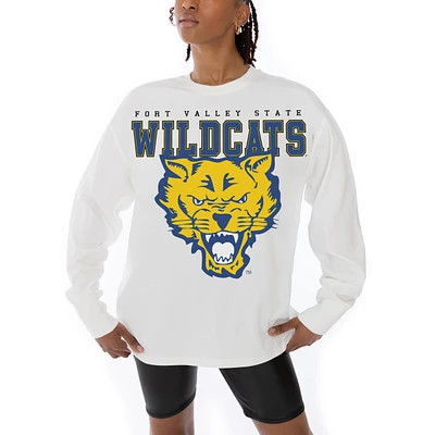 Women's Gameday Couture White Fort Valley State Wildcats Big Goals Oversized Long Sleeve T-Shirt
