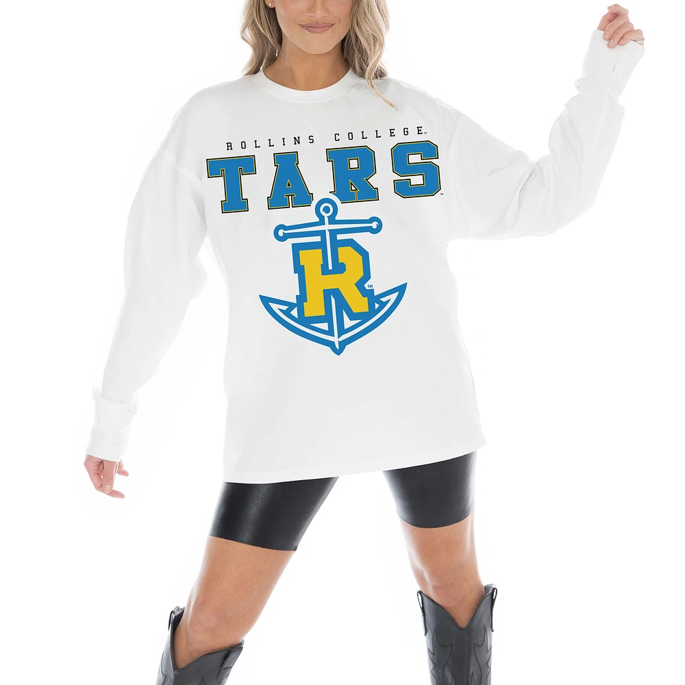 Women's Gameday Couture White Rollins College Tars Big Goals Oversized Long Sleeve T-Shirt