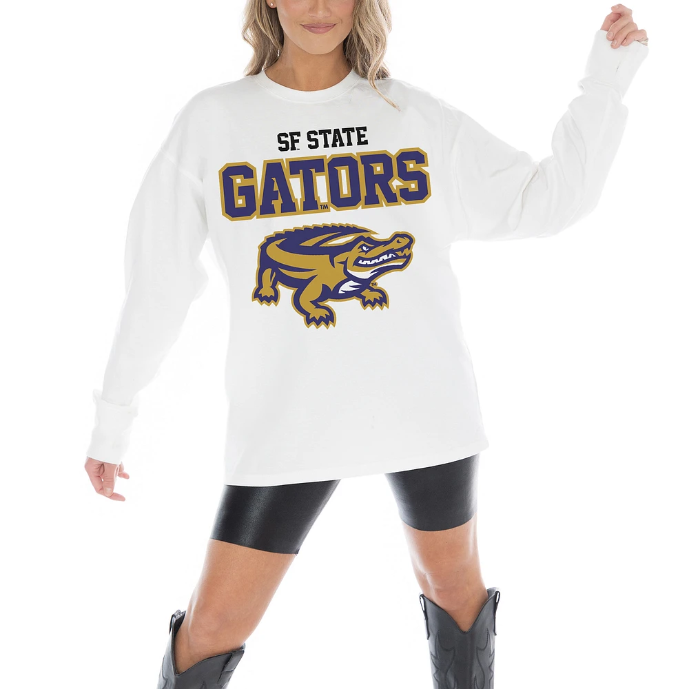 Women's Gameday Couture White San Francisco State Gators Big Goals Oversized Long Sleeve T-Shirt