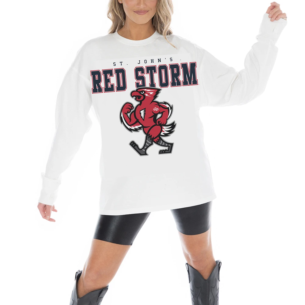 Women's Gameday Couture White St. John's Red Storm Big Goals Oversized Long Sleeve T-Shirt