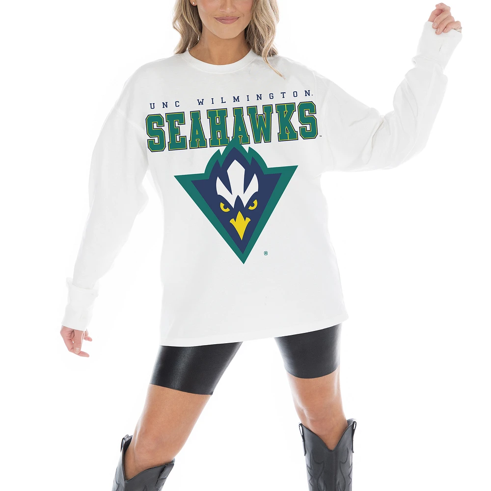 Women's Gameday Couture White UNC Wilmington Seahawks Big Goals Oversized Long Sleeve T-Shirt