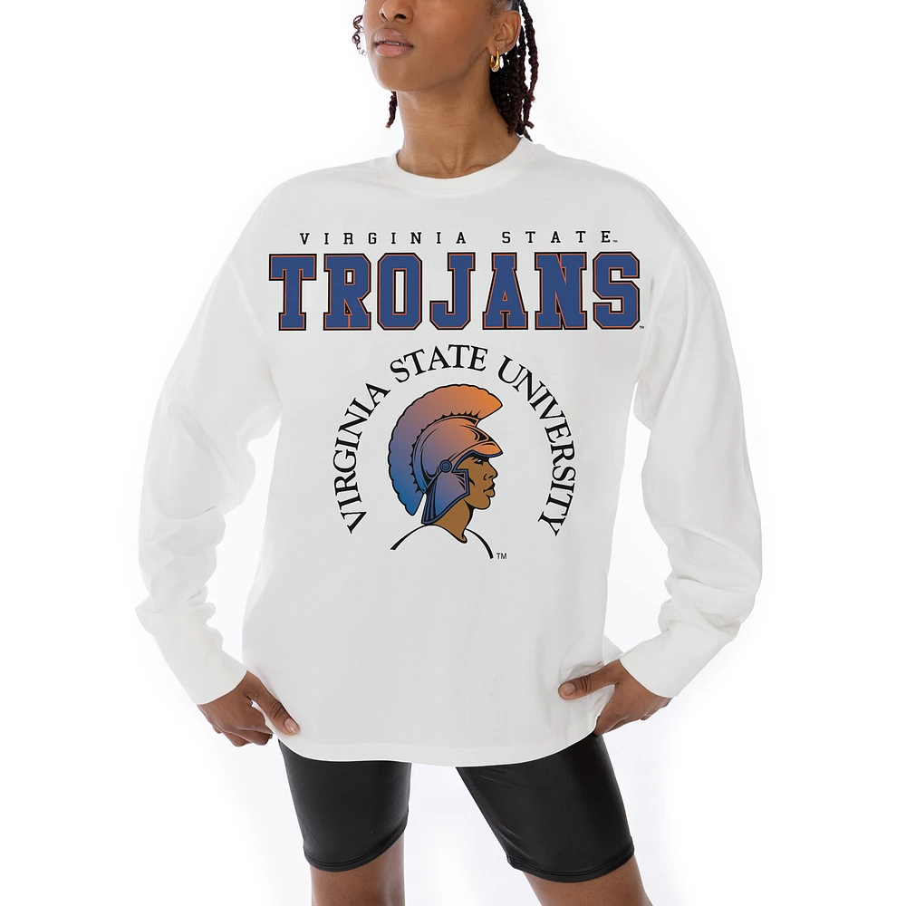 Women's Gameday Couture White Virginia State Trojans Big Goals Oversized Long Sleeve T-Shirt