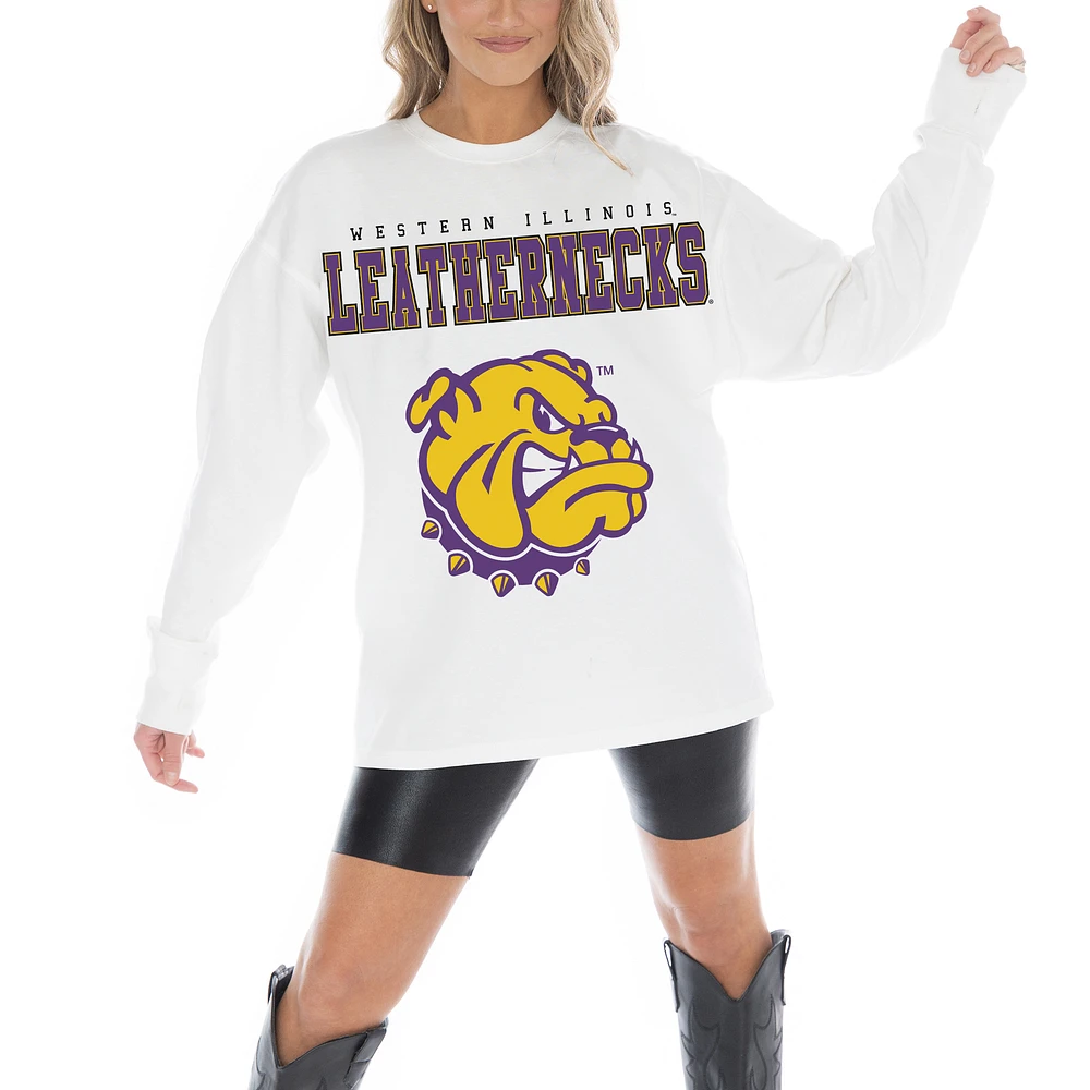 Women's Gameday Couture White Western Illinois Leathernecks Big Goals Oversized Long Sleeve T-Shirt