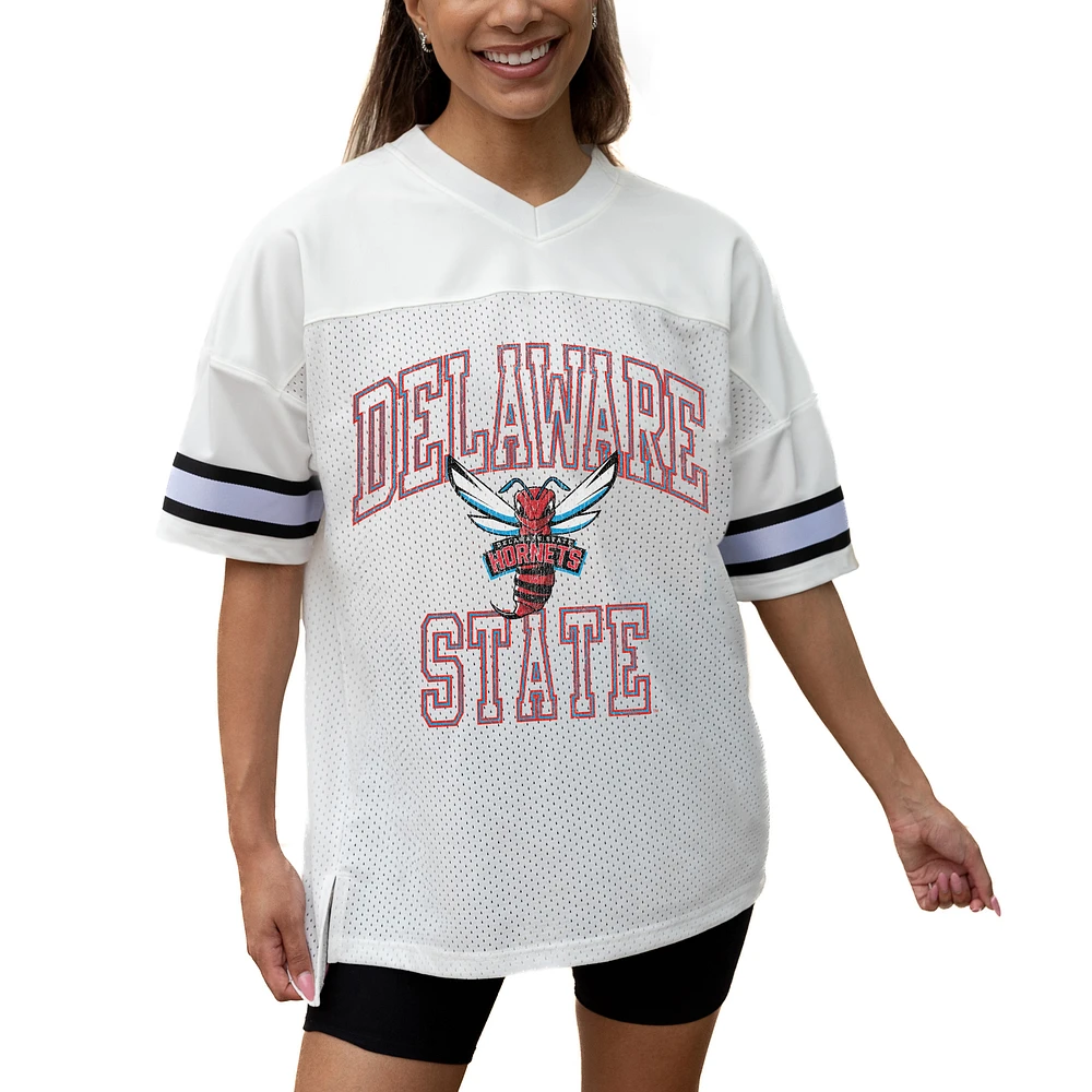 Women's Gameday Couture White Delaware State Hornets Iconic Oversized Fashion Jersey