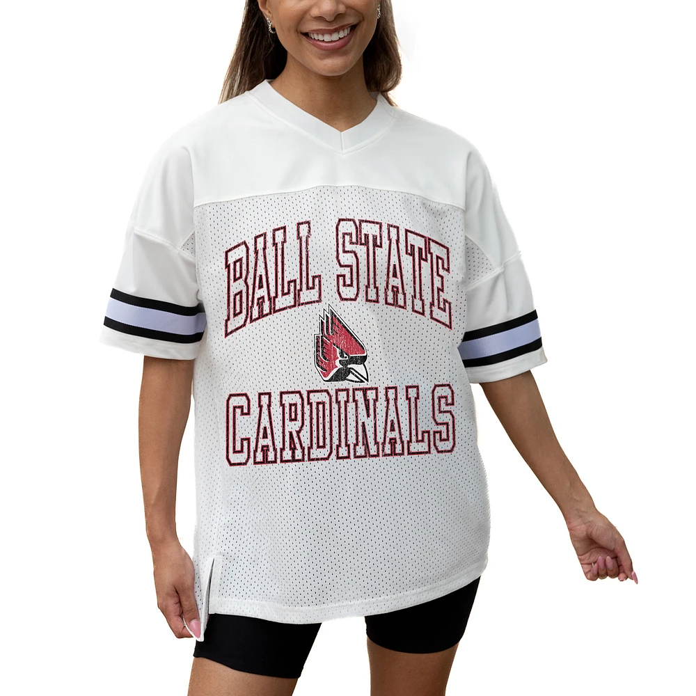 Women's Gameday Couture White Ball State Cardinals Iconic Oversized Fashion Jersey
