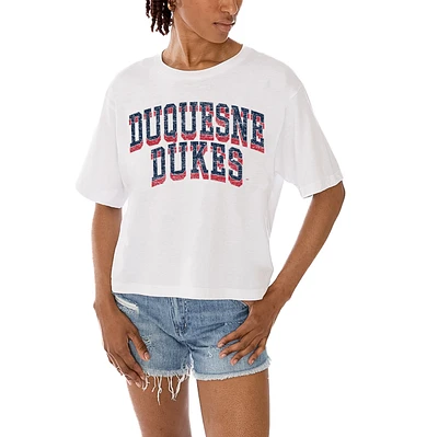 Women's Gameday Couture White Duquesne Dukes Claim To Fame Boxy Cropped T-Shirt