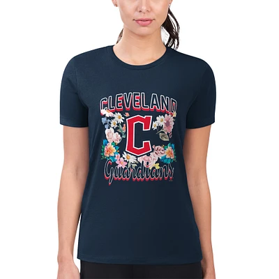 Women's G-III 4Her by Carl Banks Navy Cleveland Guardians Super-Slim Fit Lightweight Flowers Graphic T-Shirt