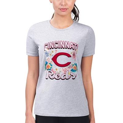 Women's G-III 4Her by Carl Banks Heather Gray Cincinnati Reds Super-Slim Fit Lightweight Flowers Graphic T-Shirt