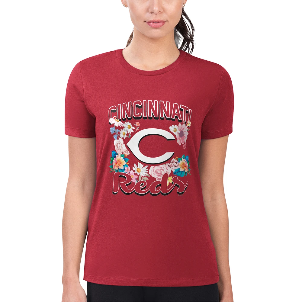 Women's G-III 4Her by Carl Banks Cincinnati Reds Super-Slim Fit Lightweight Flowers Graphic T-Shirt
