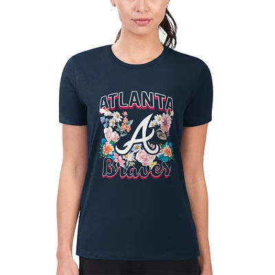 Women's G-III 4Her by Carl Banks Navy Atlanta Braves Super-Slim Fit Lightweight Flowers Graphic T-Shirt