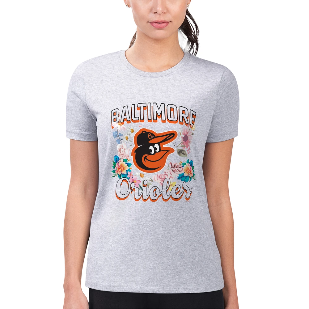 Women's G-III 4Her by Carl Banks Heather Gray Baltimore Orioles Super-Slim Fit Lightweight Flowers Graphic T-Shirt