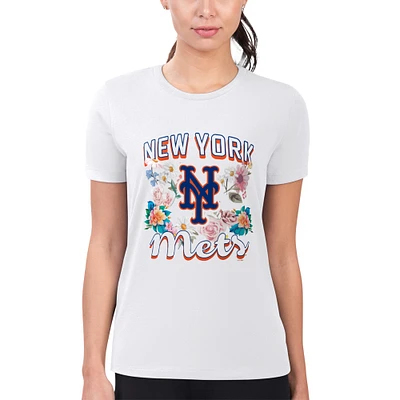 Women's G-III 4Her by Carl Banks White New York Mets Super-Slim Fit Lightweight Flowers Graphic T-Shirt