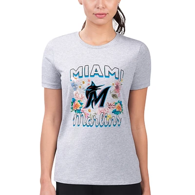 Women's G-III 4Her by Carl Banks Heather Gray Miami Marlins Super-Slim Fit Lightweight Flowers Graphic T-Shirt