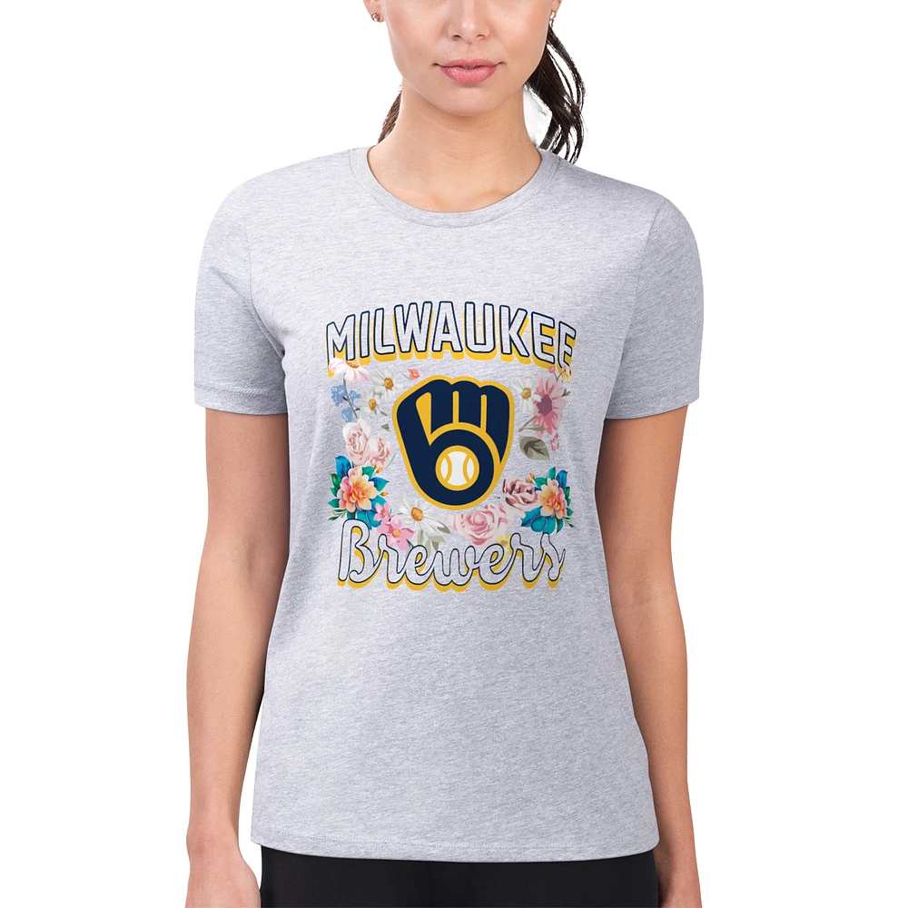 Women's G-III 4Her by Carl Banks Heather Gray Milwaukee Brewers Super-Slim Fit Lightweight Flowers Graphic T-Shirt