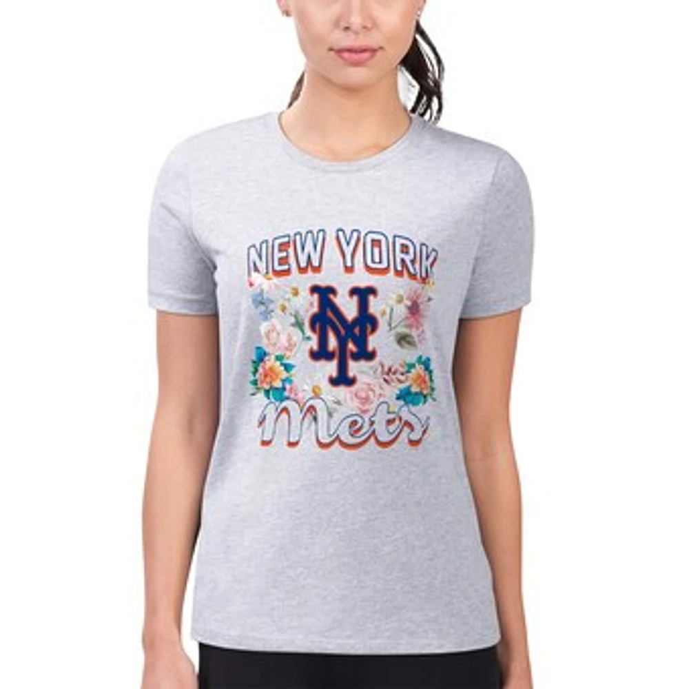 Women's G-III 4Her by Carl Banks Heather Gray New York Mets Super-Slim Fit Lightweight Flowers Graphic T-Shirt