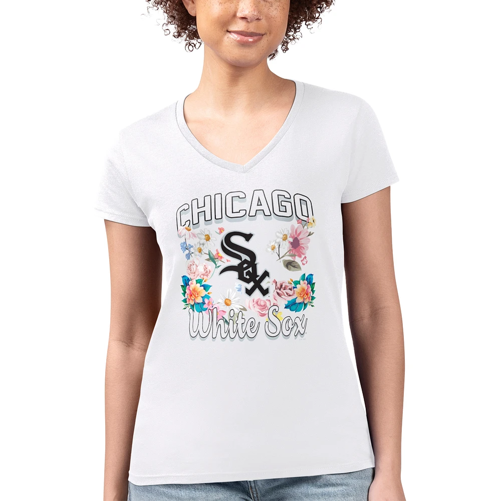 Women's G-III 4Her by Carl Banks White Chicago Sox Super-Slim Fit Lightweight Flowers Graphic V-Neck T-Shirt