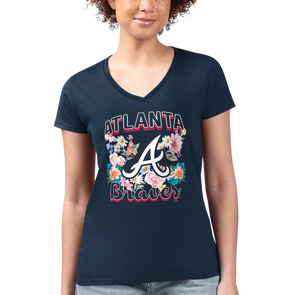 Women's G-III 4Her by Carl Banks Navy Atlanta Braves Super-Slim Fit Lightweight Flowers Graphic V-Neck T-Shirt