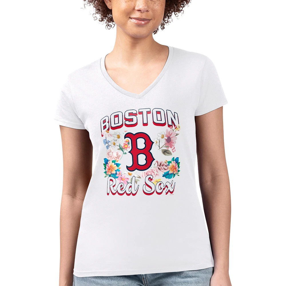 Women's G-III 4Her by Carl Banks White Boston Red Sox Super-Slim Fit Lightweight Flowers Graphic V-Neck T-Shirt