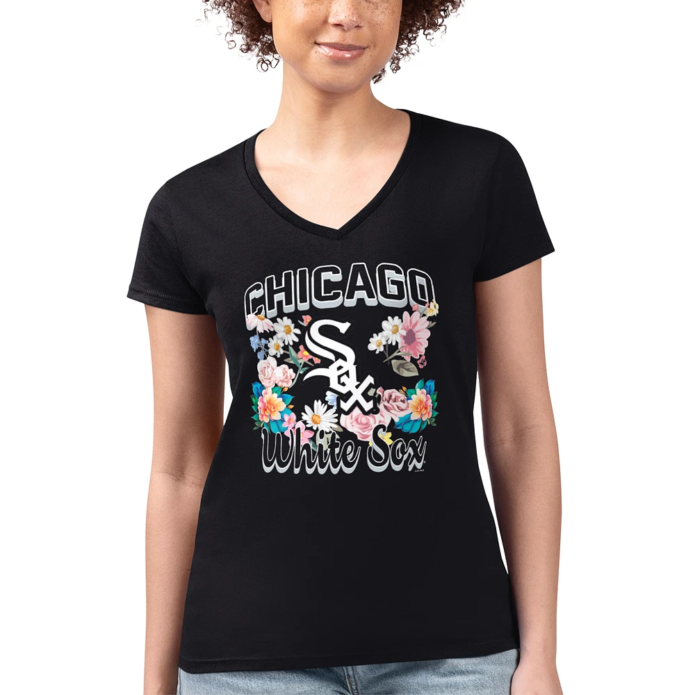 Women's G-III 4Her by Carl Banks Black Chicago White Sox Super-Slim Fit Lightweight Flowers Graphic V-Neck T-Shirt