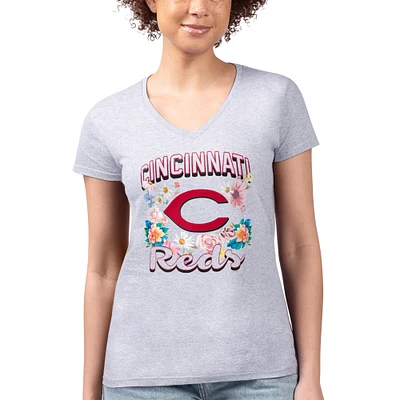 Women's G-III 4Her by Carl Banks Heather Gray Cincinnati Reds Super-Slim Fit Lightweight Flowers Graphic V-Neck T-Shirt