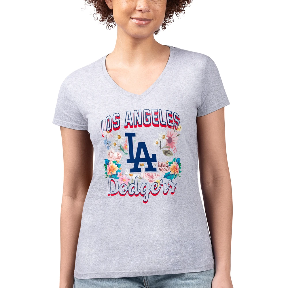 Women's G-III 4Her by Carl Banks Heather Gray Los Angeles Dodgers Super-Slim Fit Lightweight Flowers Graphic V-Neck T-Shirt