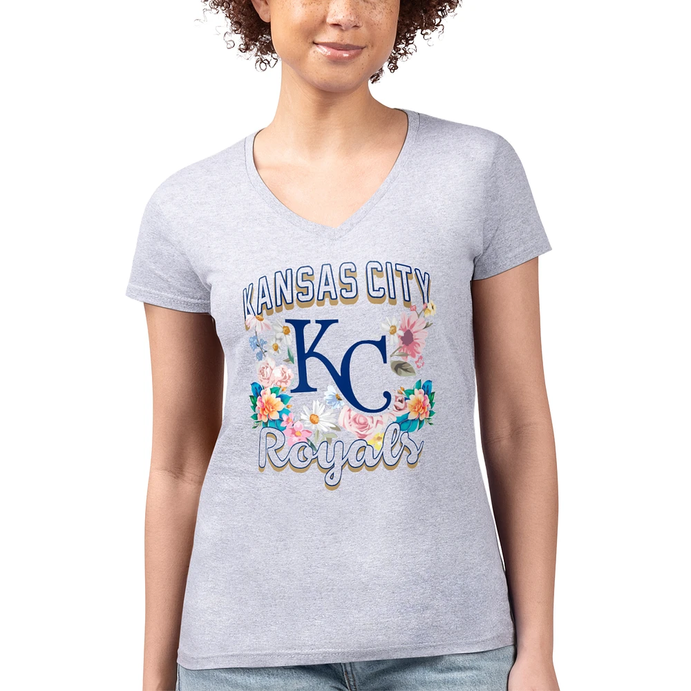 Women's G-III 4Her by Carl Banks Heather Gray Kansas City Royals Super-Slim Fit Lightweight Flowers Graphic V-Neck T-Shirt