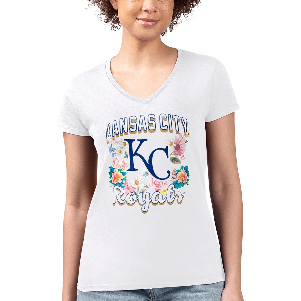 Women's G-III 4Her by Carl Banks White Kansas City Royals Super-Slim Fit Lightweight Flowers Graphic V-Neck T-Shirt