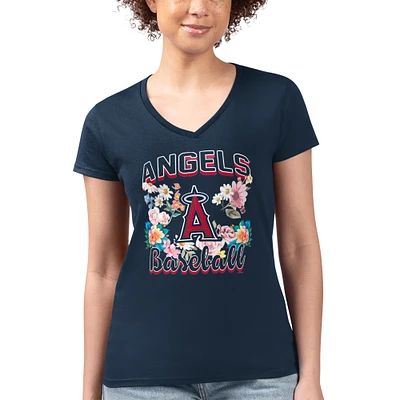 Women's G-III 4Her by Carl Banks Navy Los Angeles Angels Super-Slim Fit Lightweight Flowers Graphic V-Neck T-Shirt