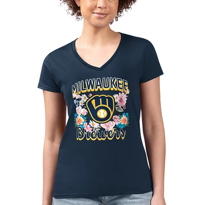 Women's G-III 4Her by Carl Banks Navy Milwaukee Brewers Super-Slim Fit Lightweight Flowers Graphic V-Neck T-Shirt