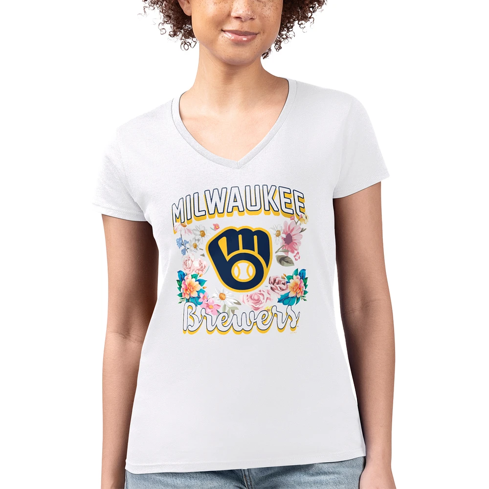 Women's G-III 4Her by Carl Banks White Milwaukee Brewers Super-Slim Fit Lightweight Flowers Graphic V-Neck T-Shirt