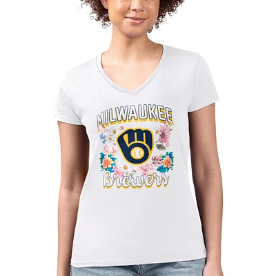 Women's G-III 4Her by Carl Banks White Milwaukee Brewers Super-Slim Fit Lightweight Flowers Graphic V-Neck T-Shirt