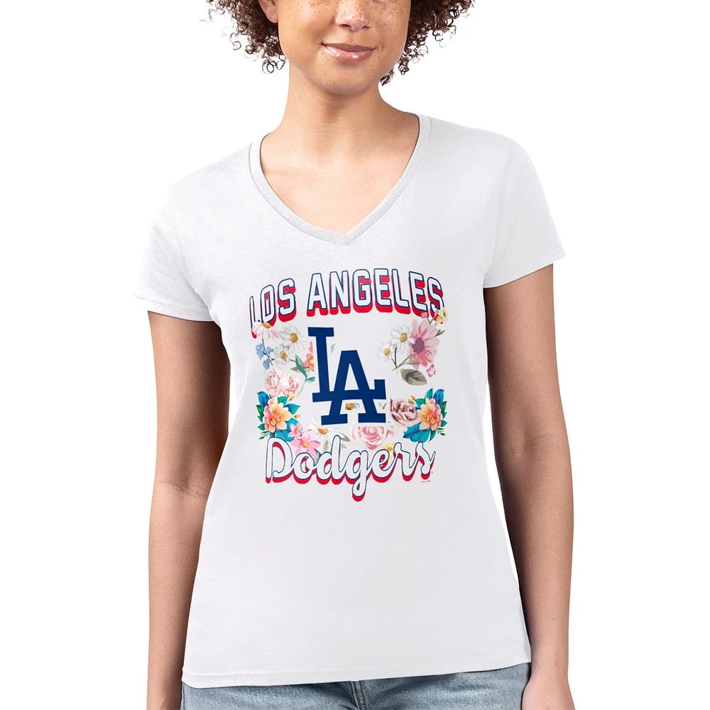 Women's G-III 4Her by Carl Banks White Los Angeles Dodgers Super-Slim Fit Lightweight Flowers Graphic V-Neck T-Shirt